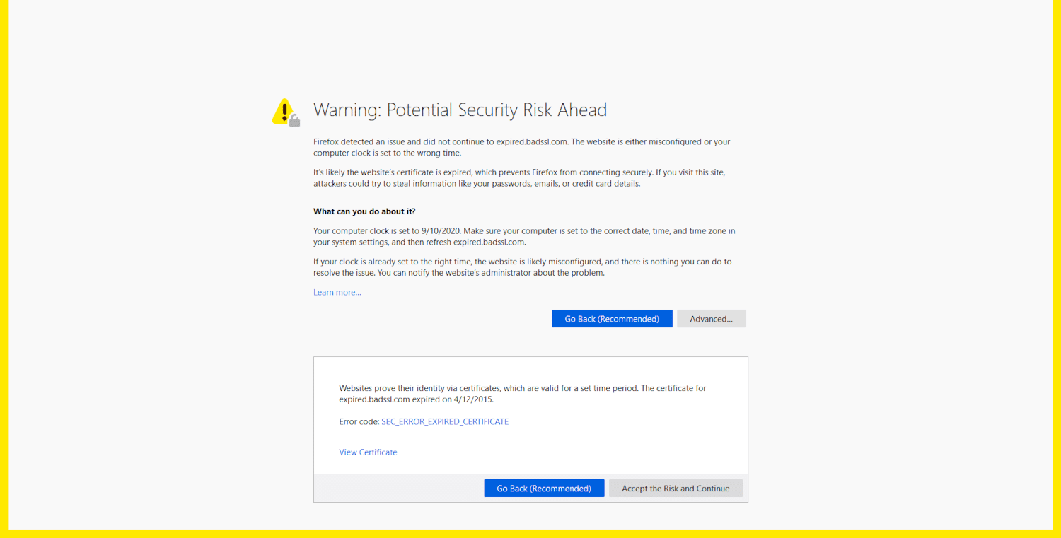 firefox 中的 net--err_cert_date_invalid 显示高级