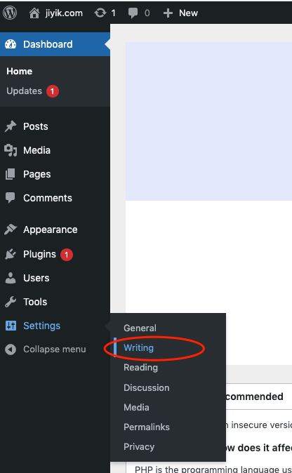 wordpress writing setting