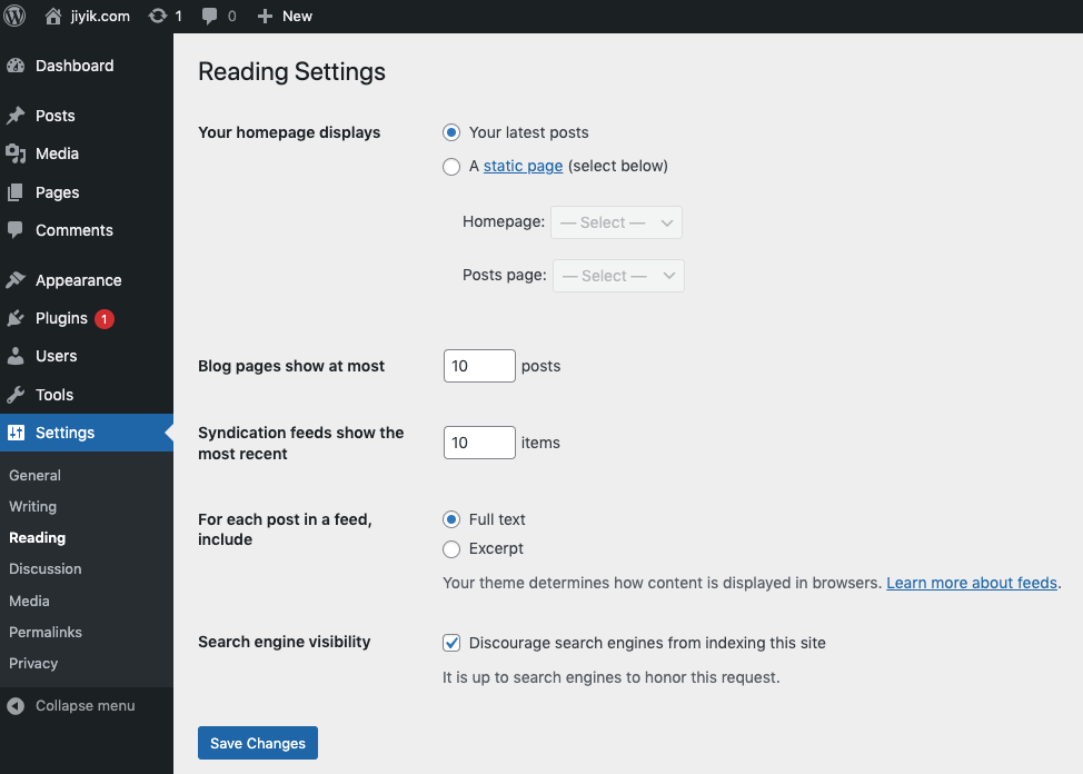 wordpress 阅读设置页面