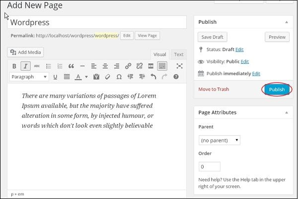 wordpress 发布页面