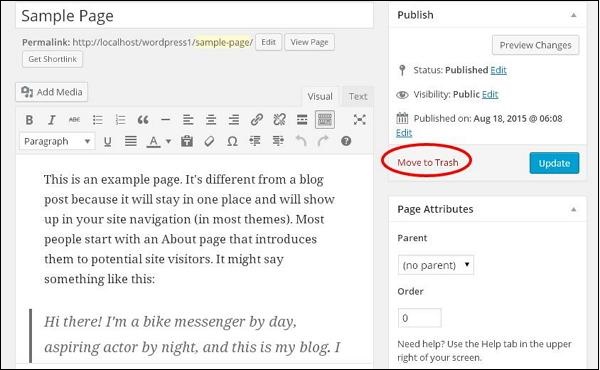 wordpress 删除页面
